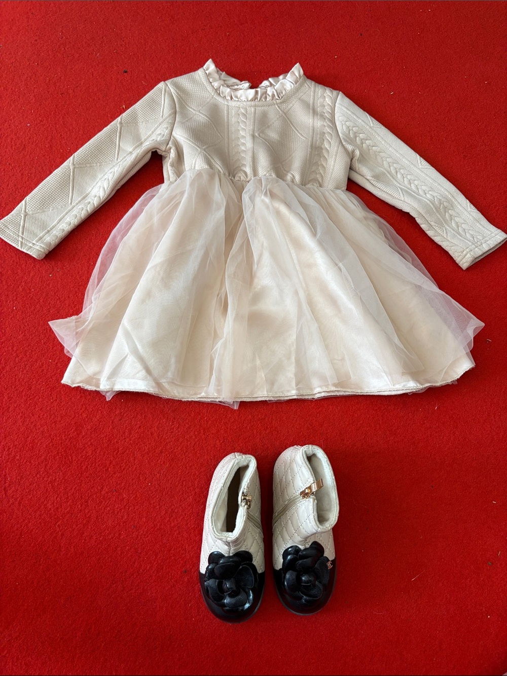 Kids Cream Tulle Dress with Matching Cream Shoes